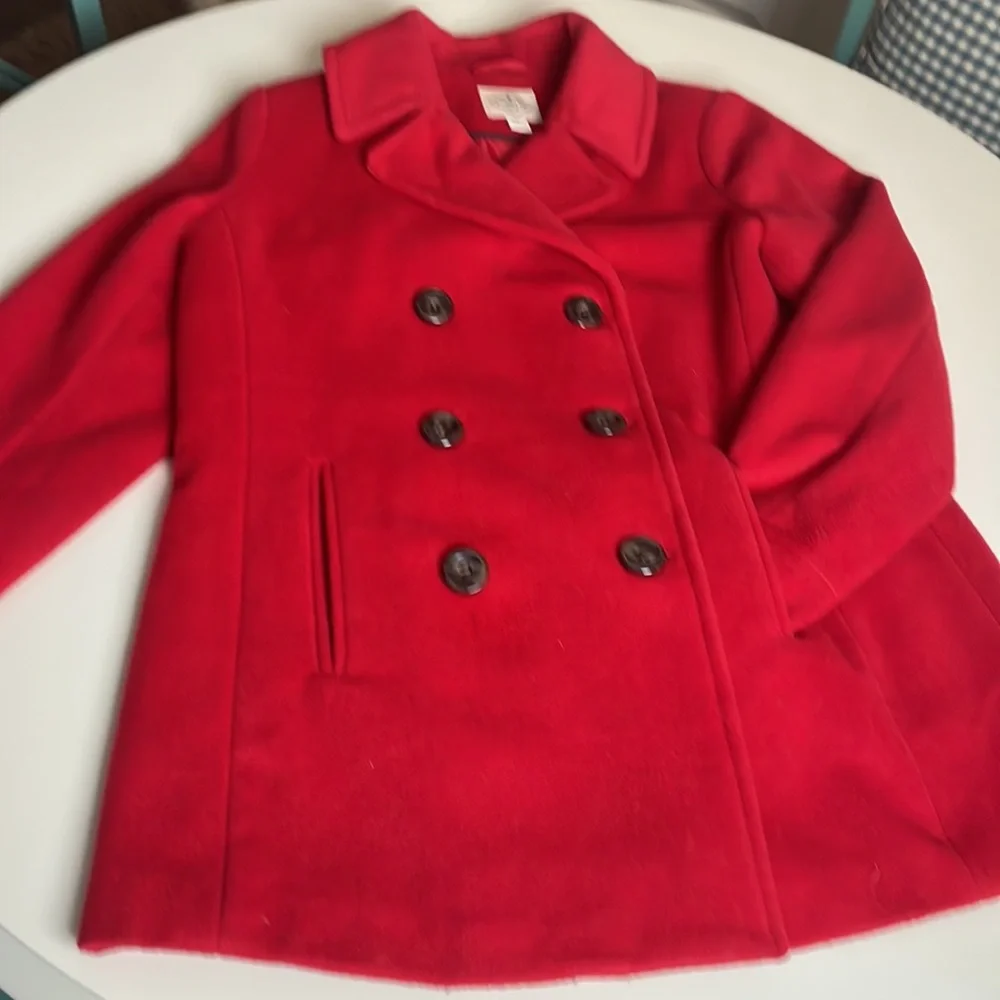 St. Johns Bay Red Wool Coat- front pockets- interior lining pocket- size Large - Picture 4 of 16